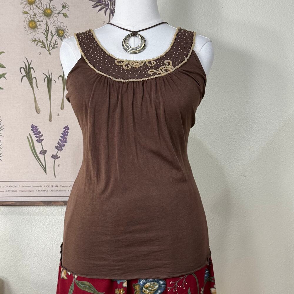 Y2k Brown Beaded Neckline Tank Top Hippie Boho Forest Fairy Grunge Bohemian XL